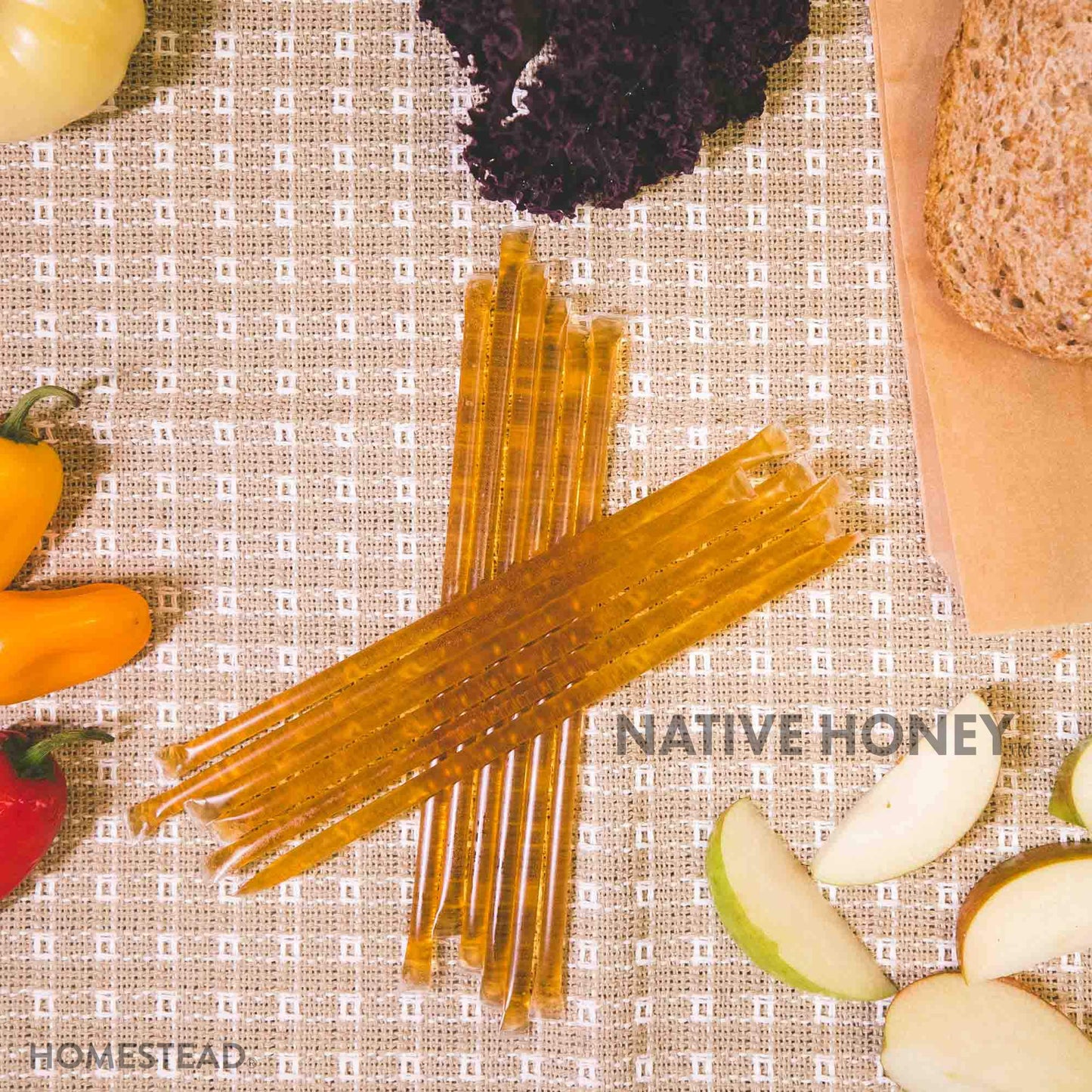 Homestead Honey Native Honey Sticks for Tea - 50-Pack Bulk Packets, Single Serve - Pure Wildflower Honey Straws - Easy-to-Open Honeycomb Stir Sticks for On-the-Go, Snacks, and Travel