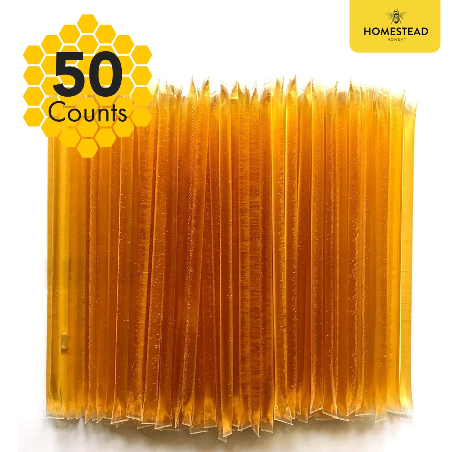 Homestead Honey Native Honey Sticks for Tea - 50-Pack Bulk Packets, Single Serve - Pure Wildflower Honey Straws - Easy-to-Open Honeycomb Stir Sticks for On-the-Go, Snacks, and Travel