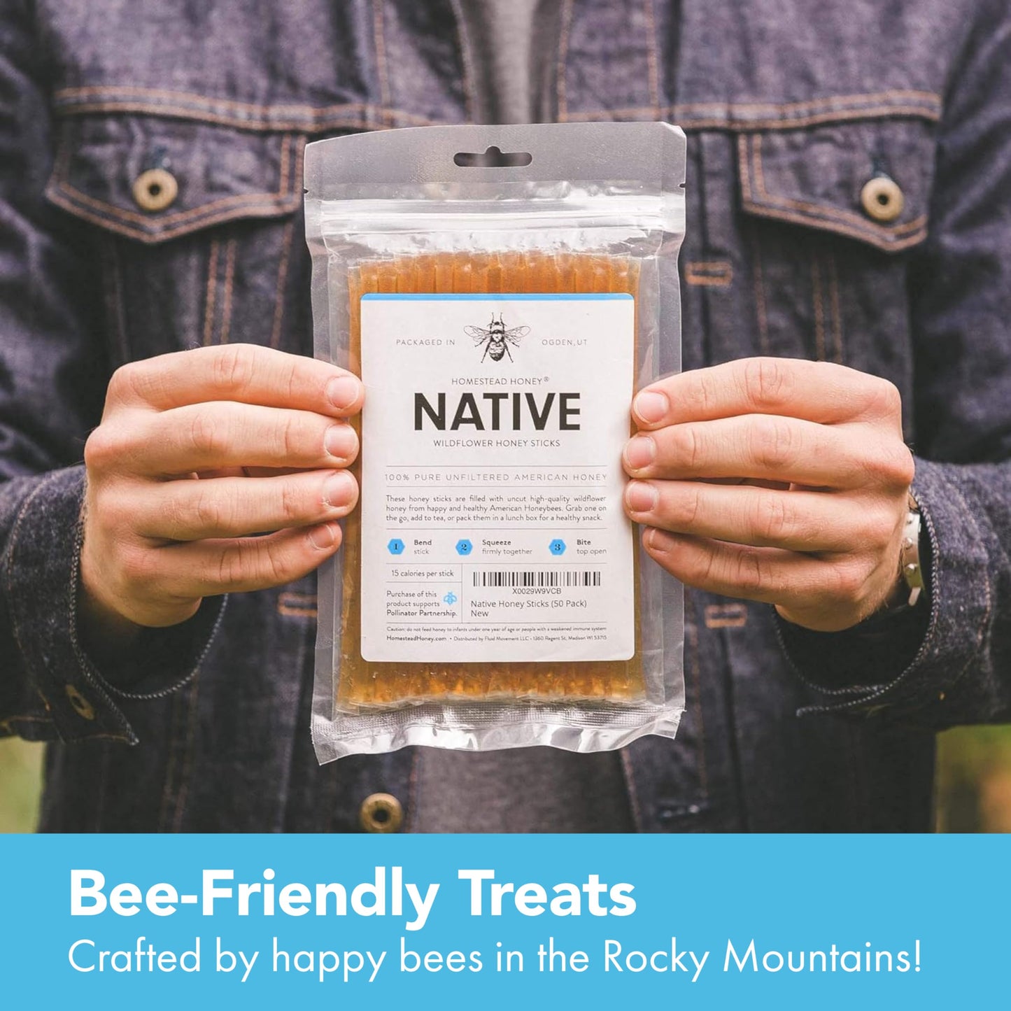 Homestead Honey Native Honey Sticks for Tea - 50-Pack Bulk Packets, Single Serve - Pure Wildflower Honey Straws - Easy-to-Open Honeycomb Stir Sticks for On-the-Go, Snacks, and Travel