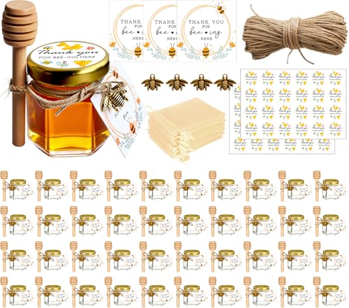 Adabocute Honey Pot, Mini Honey Jars with Wood Dipper, Gold Lid, Bee Pendants, Beige Gift Bags, Thanks for Beeing Here Tags, Ideal for Baby Showers & Wedding Favors, 40 Pack