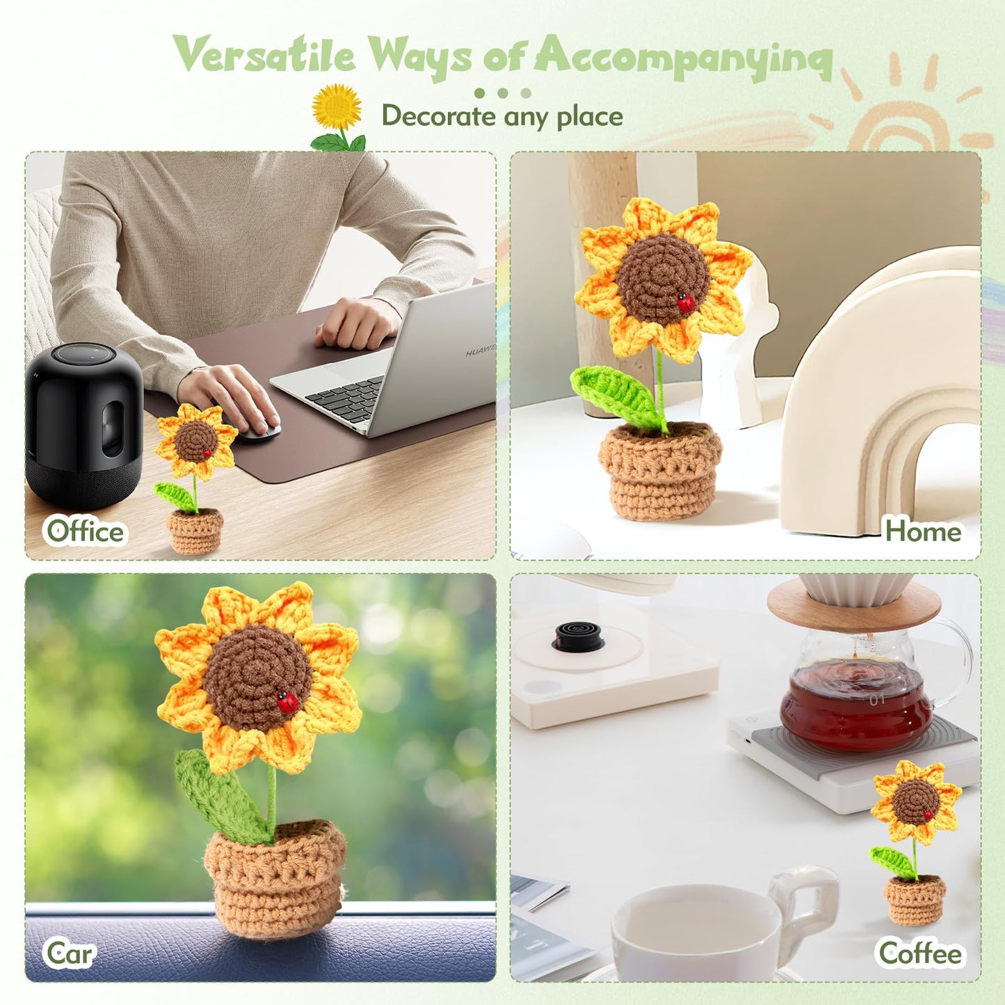 XIZIX Mini Crochet Sunflower Pot, Positive Sunflower Decor, Warm Flower Gift, Homey Feel to it