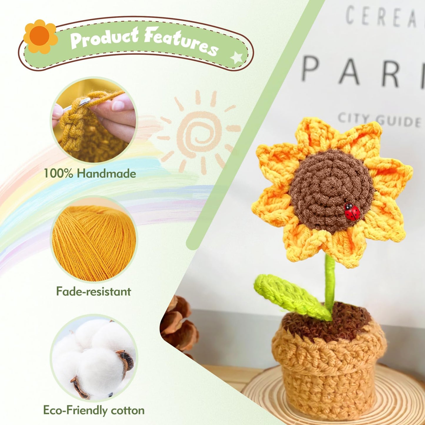XIZIX Mini Crochet Sunflower Pot, Positive Sunflower Decor, Warm Flower Gift, Homey Feel to it